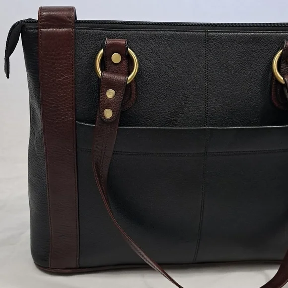 BESSEL Black & Brown Genuine Leather Shoulder Bag – Multi-Pocket, Brass Hardware - Picture 4 of 11